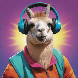 A lama joyfully listening to music in a vibrant comic book style world.