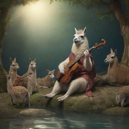 A warm, fairy tale scene where a lama plays a violone for an enchanted audience of crocodiles.