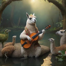 A warm, fairy tale scene where a lama plays a violone for an enchanted audience of crocodiles.