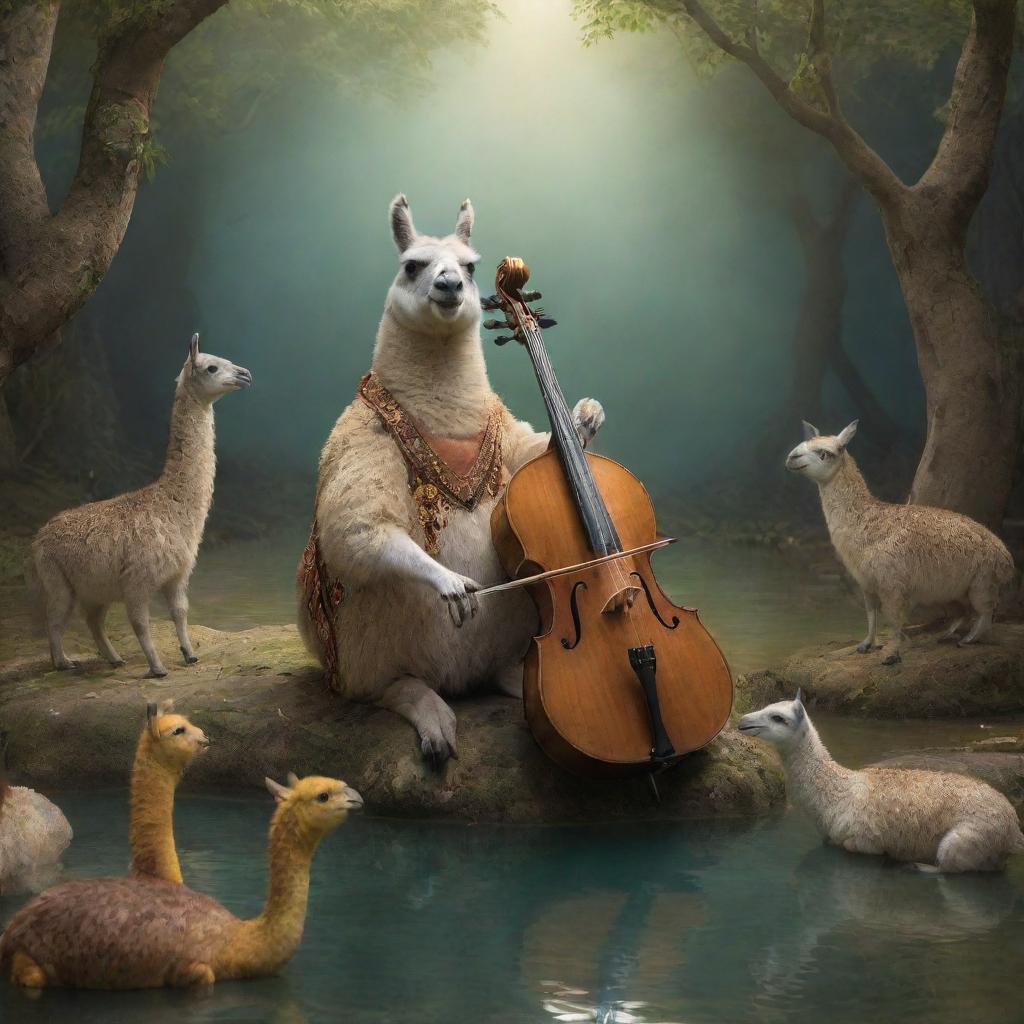 A warm, fairy tale scene where a lama plays a violone for an enchanted audience of crocodiles.