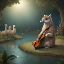 A warm, fairy tale scene where a lama plays a violone for an enchanted audience of crocodiles.