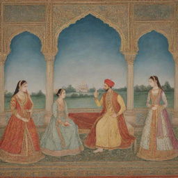 Mughal Emperor Jahangir in traditional royal attire, in a lavish backdrop, having a warm conversation with Anarkali amid an ornate Mughal court.