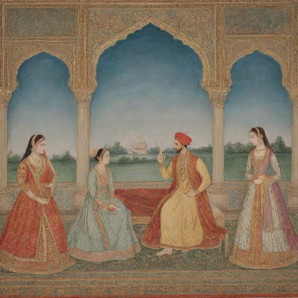Mughal Emperor Jahangir in traditional royal attire, in a lavish backdrop, having a warm conversation with Anarkali amid an ornate Mughal court.