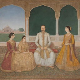 Mughal Emperor Jahangir in traditional royal attire, in a lavish backdrop, having a warm conversation with Anarkali amid an ornate Mughal court.