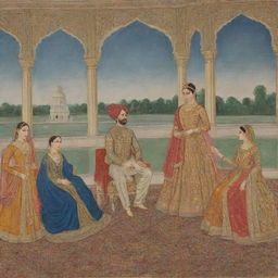 Mughal Emperor Jahangir in traditional royal attire, in a lavish backdrop, having a warm conversation with Anarkali amid an ornate Mughal court.