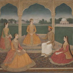 Mughal Emperor Jahangir in traditional royal attire, in a lavish backdrop, having a warm conversation with Anarkali amid an ornate Mughal court.