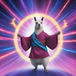 An anime-style lama with its superpower being music, surrounded by a vibrant 'ka-boom' visual effect.