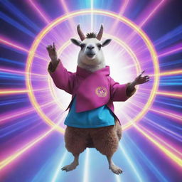 An anime-style lama with its superpower being music, surrounded by a vibrant 'ka-boom' visual effect.