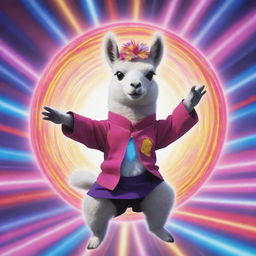 An anime-style lama with its superpower being music, surrounded by a vibrant 'ka-boom' visual effect.