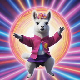 An anime-style lama with its superpower being music, surrounded by a vibrant 'ka-boom' visual effect.