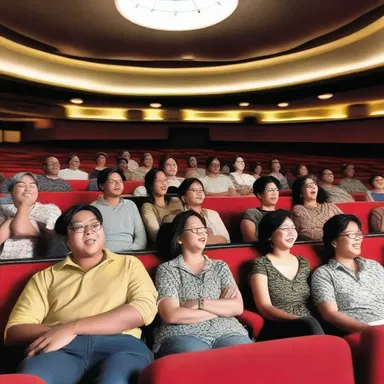 The movie theater was filled with joviality as the audience laughed and enjoyed the comedy film.
