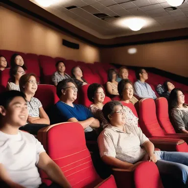 The movie theater was filled with joviality as the audience laughed and enjoyed the comedy film.