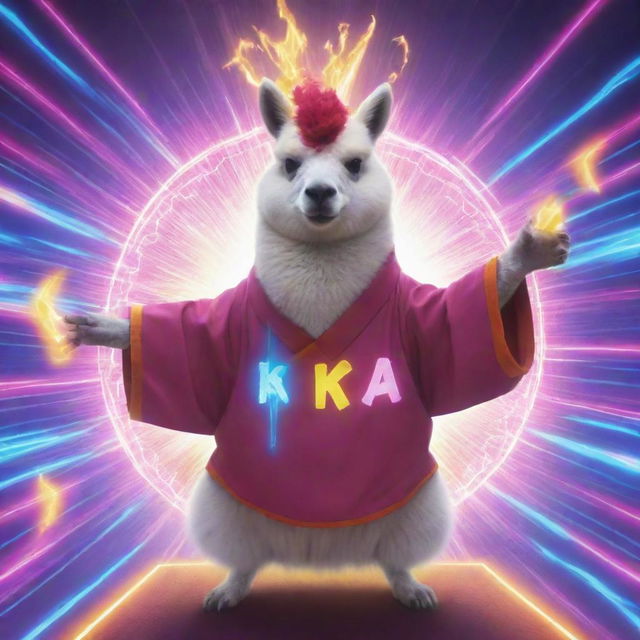 An anime-style lama with its superpower being music, surrounded by a vibrant 'ka-boom' visual effect.