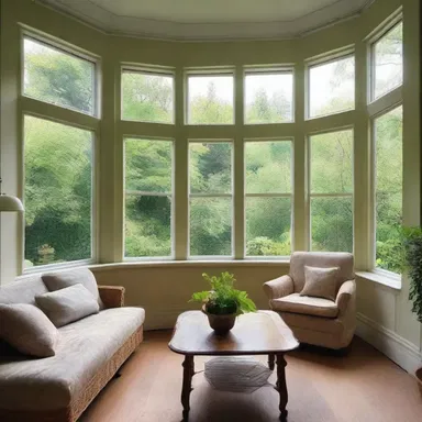 The living room has a beautiful bay window that overlooks the garden, which serves as a cozy nesting place for birds.