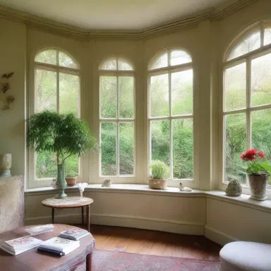The living room has a beautiful bay window that overlooks the garden, which serves as a cozy nesting place for birds.