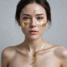 A stunning woman with skin embodied with golden kintsugi lines, symbolizing healing and rejuvenity