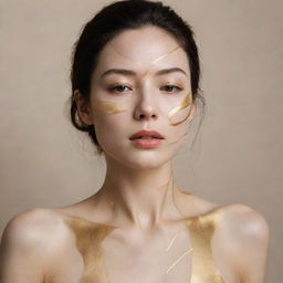 A stunning woman with skin embodied with golden kintsugi lines, symbolizing healing and rejuvenity