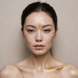 A stunning woman with skin embodied with golden kintsugi lines, symbolizing healing and rejuvenity