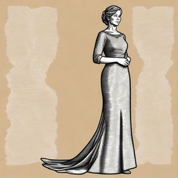 A high-quality digital art piece showcasing a 45-year-old teacher in an elegant long dress