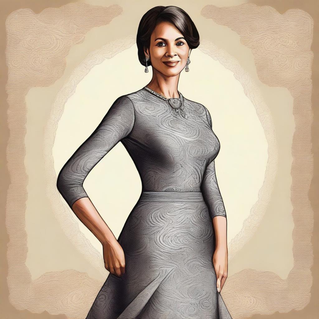 A high-quality digital art piece showcasing a 45-year-old teacher in an elegant long dress