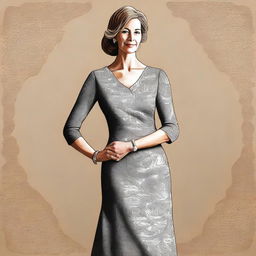 A high-quality digital art piece showcasing a 45-year-old teacher in an elegant long dress