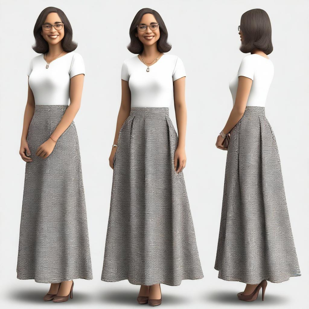 A top-quality digital art depiction of a 45-year-old teacher in a stylish long skirt