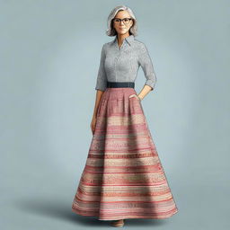 A top-quality digital art depiction of a 45-year-old teacher in a stylish long skirt