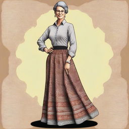 A top-quality digital art depiction of a 45-year-old teacher in a stylish long skirt