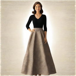 A top-quality digital art depiction of a 45-year-old teacher in a stylish long skirt