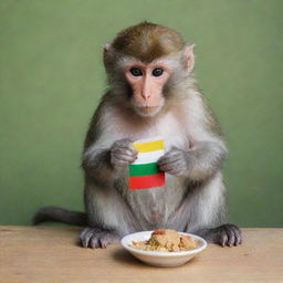 Lofi, the monkey, casually eating a small, colorful version of the Iranian flag