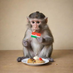 Lofi, the monkey, casually eating a small, colorful version of the Iranian flag