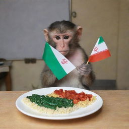 Lofi, the monkey, casually eating a small, colorful version of the Iranian flag