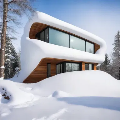 The modern building design incorporates a snow bank as a feature element, adding a unique aesthetic.
