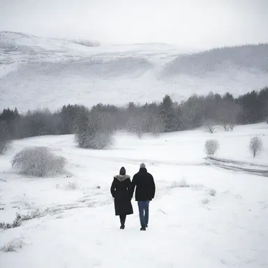 The couple walked hand in hand along the snow bank, enjoying the picturesque winter scenery.