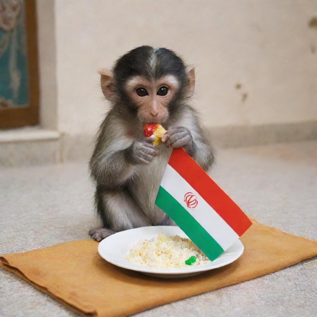 Lofi, the monkey, casually eating a small, colorful version of the Iranian flag