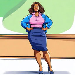 A high-quality digital art representation of a teacher with a curvaceous figure, wearing a skirt