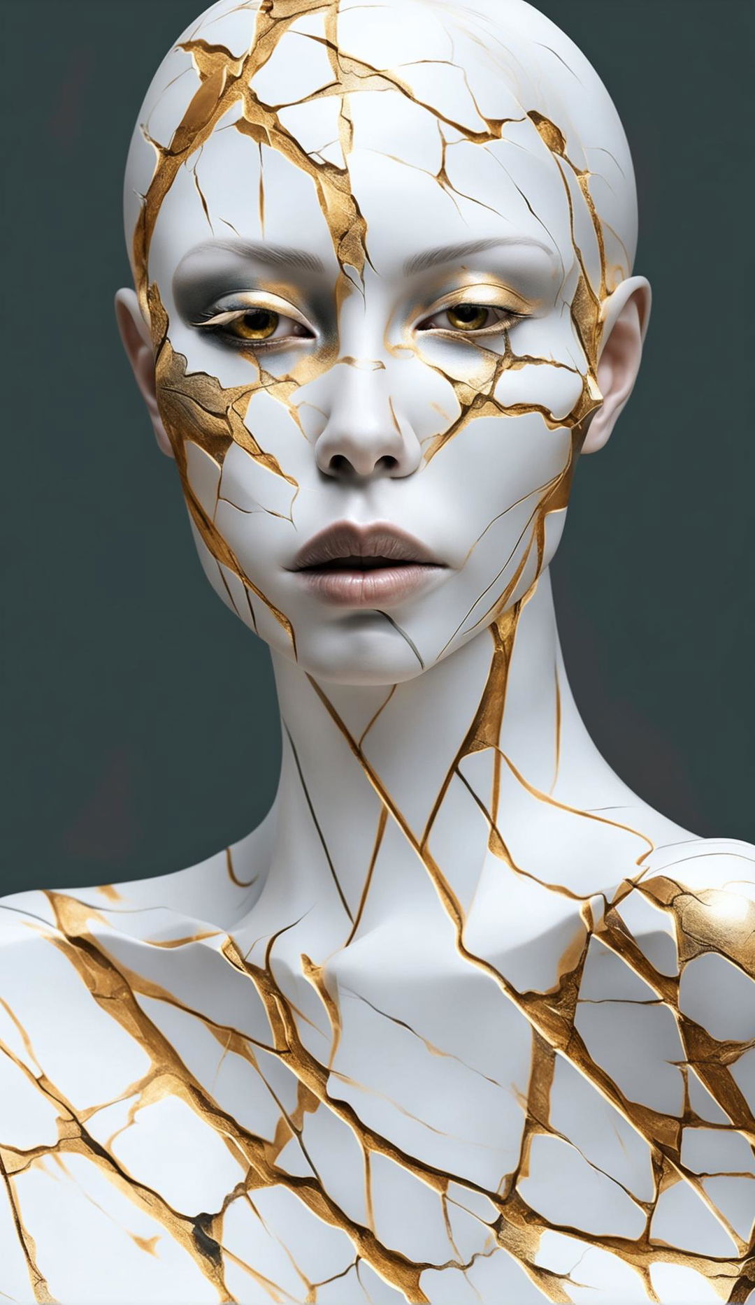 A beautiful woman with marble-like skin adorned with extensive cracks repaired with gold in the style of Kintsugi.