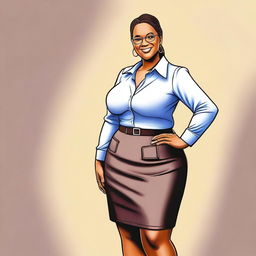 A high-quality digital art representation of a teacher with a curvaceous figure, wearing a skirt