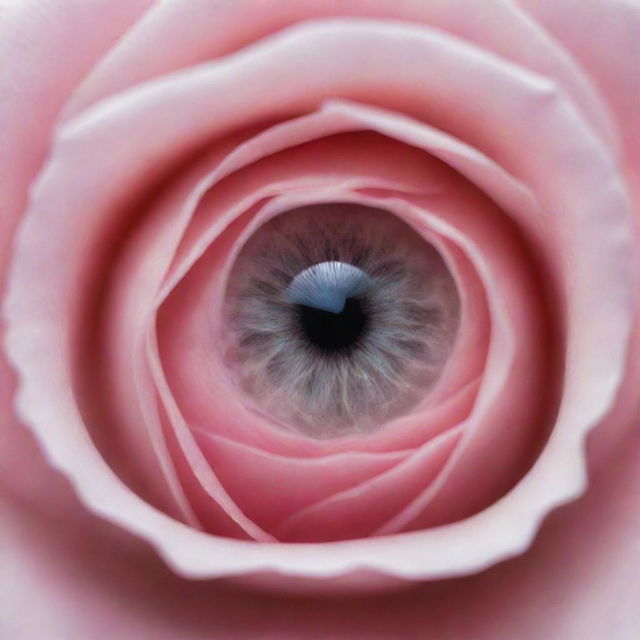 A close-up of an eye that reflectively captures a light pink rose within its glossy surface, mesmerizing and poetic.