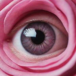 A unique visual of a human eye where the eyeball is creatively replaced with a close-up image of a vivid pink rose.