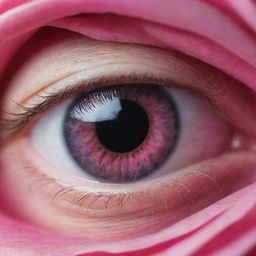 A unique visual of a human eye where the eyeball is creatively replaced with a close-up image of a vivid pink rose.