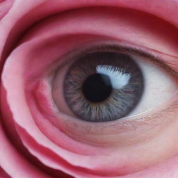 A unique visual of a human eye where the eyeball is creatively replaced with a close-up image of a vivid pink rose.