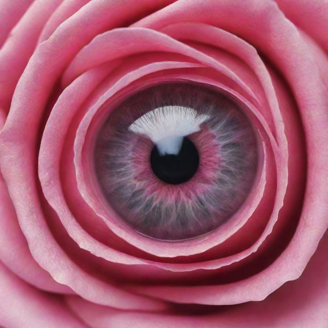 A unique visual of a human eye where the eyeball is creatively replaced with a close-up image of a vivid pink rose.