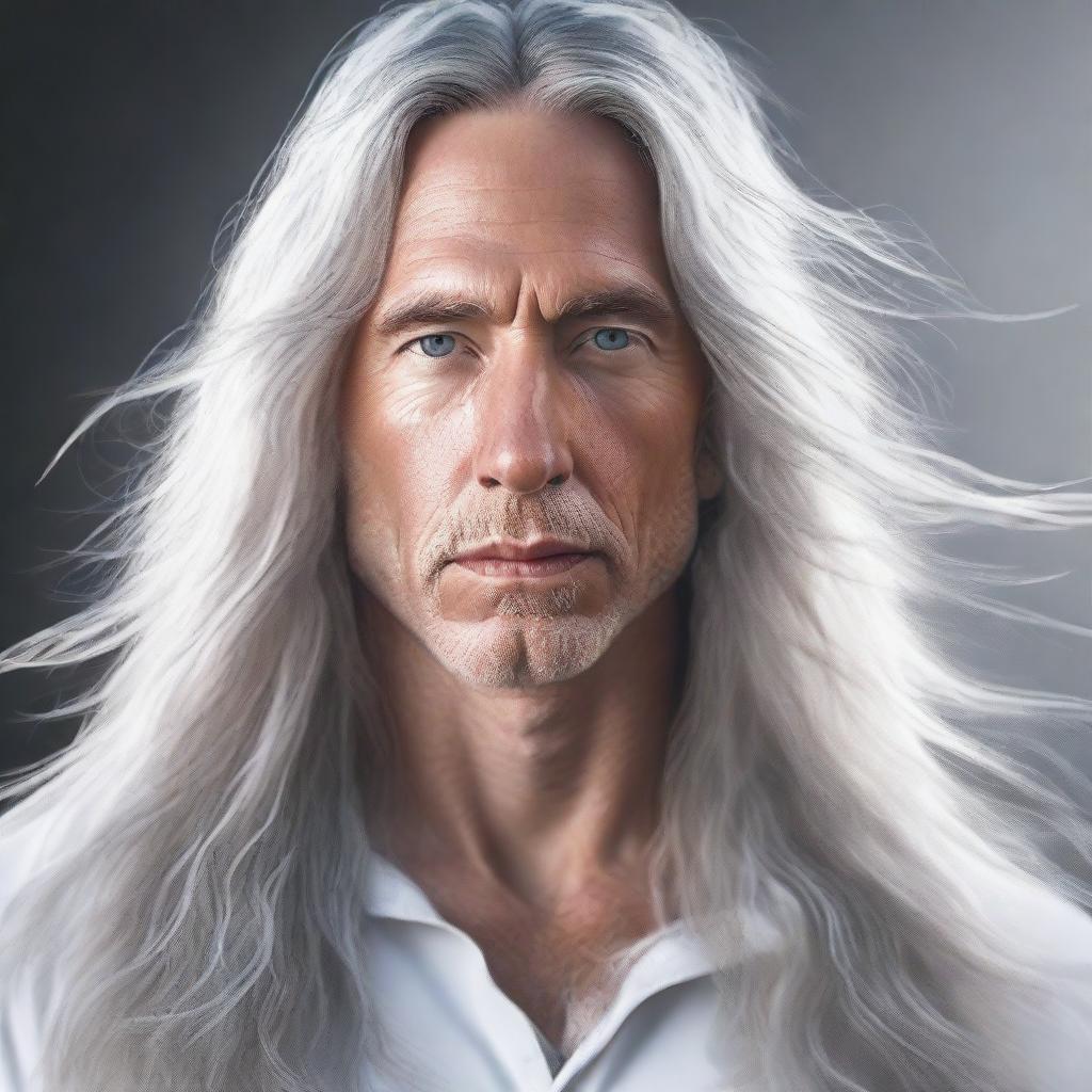 A high-quality digital art image featuring a white man with long, flowing hair