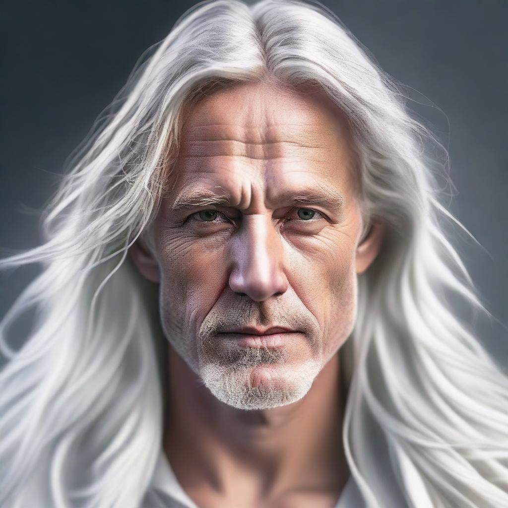 A high-quality digital art image featuring a white man with long, flowing hair