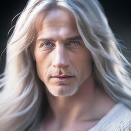 A high-quality digital art image featuring a white man with long, flowing hair