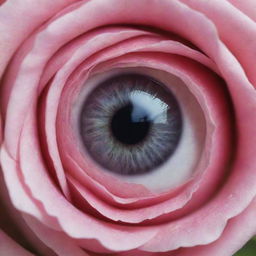 A captivating image showing a human eye where the eyeball is intriguingly replaced by a close-up view of a beautiful pink rose.