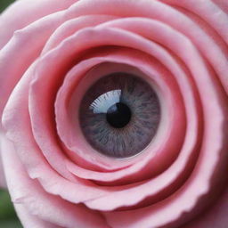 A captivating image showing a human eye where the eyeball is intriguingly replaced by a close-up view of a beautiful pink rose.