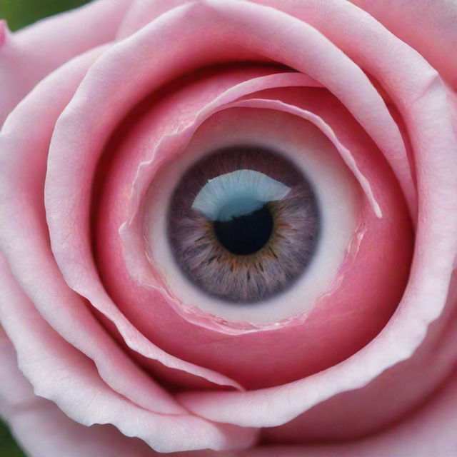 A captivating image showing a human eye where the eyeball is intriguingly replaced by a close-up view of a beautiful pink rose.