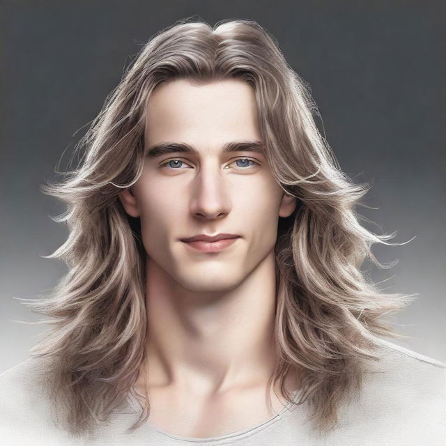 A high-quality digital art image showcasing a youthful white man in his 20s, characterized by his long, flowing hair